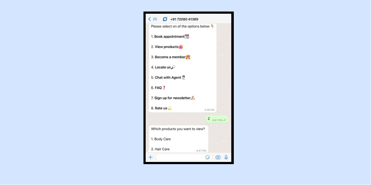 WhatsApp conversation with AI Powered Chatbot