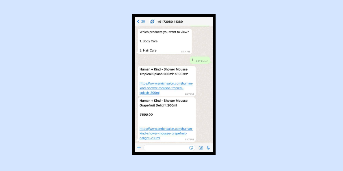 WhatsApp conversation with AI Powered Chatbot