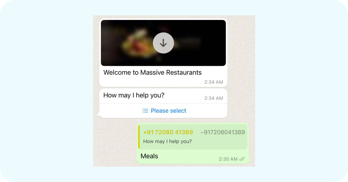 WhatApp chatbot restaurant Menu