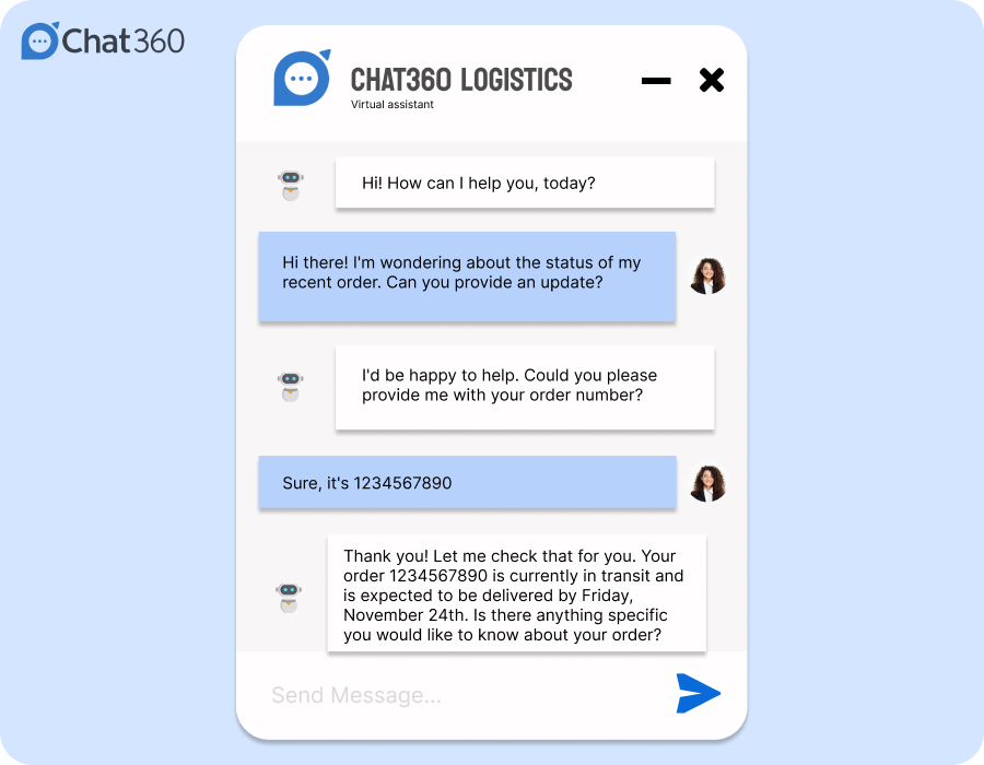 A conversation between chatbot and a human to know the details of the shipment