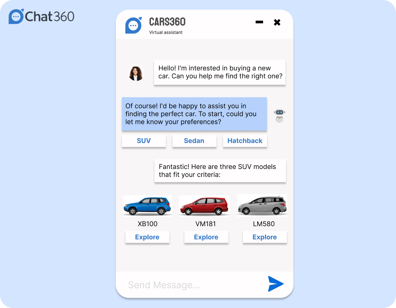 Chatbot in conversation with a user assisting for purchasing a new car